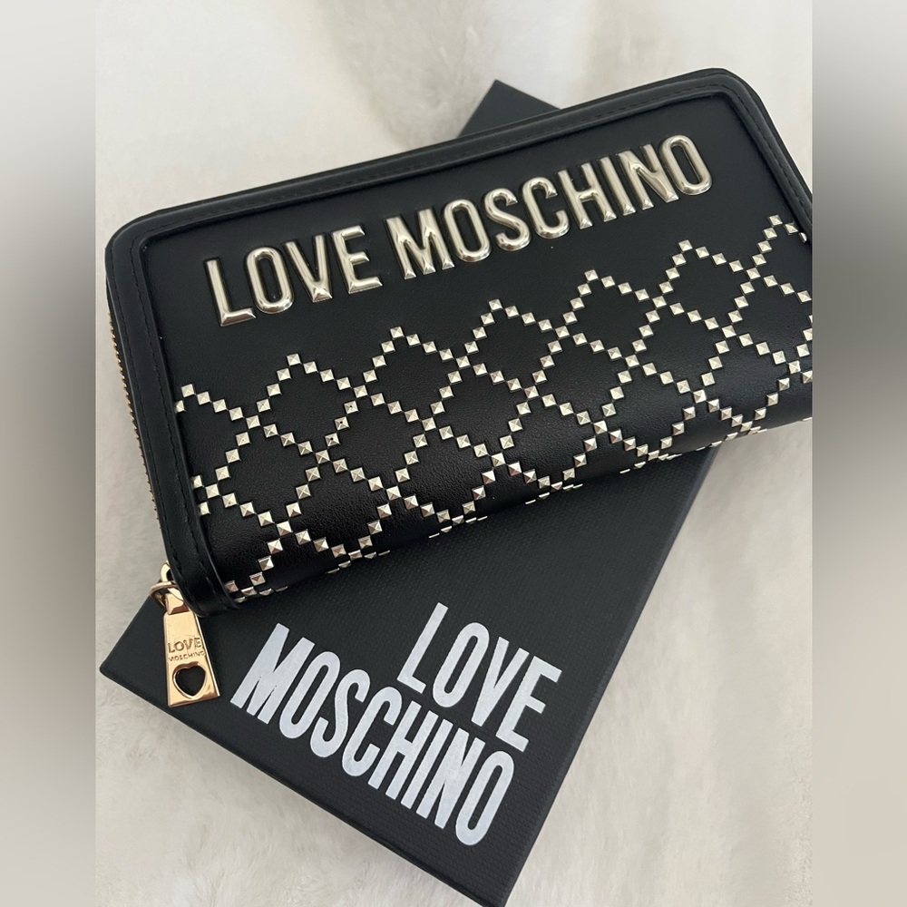 LOVE MOSCHINO Black Gold PU Leather Studded Zip Around Wallet NWT
